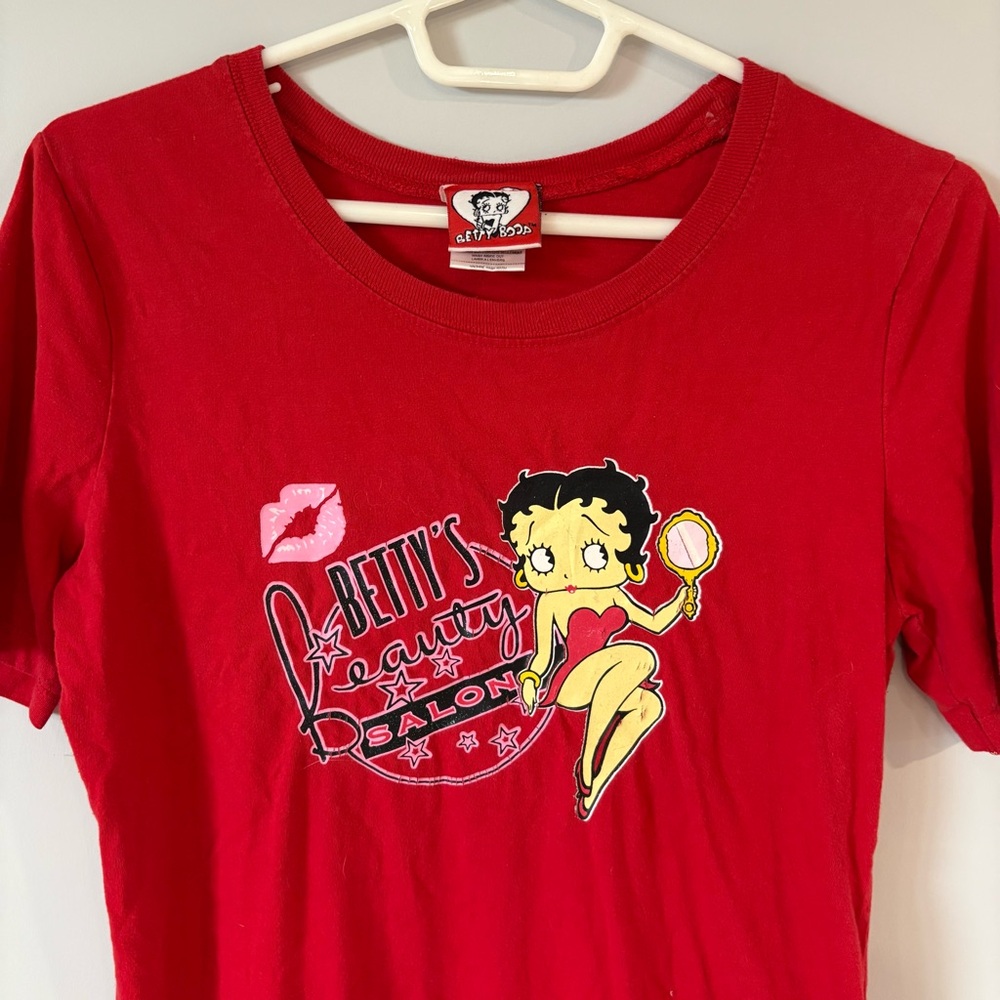 VINTAGE BETTY BOOP Retro Red Short Sleeve Tee Shirt Dress Pink Kiss Graphic - Picture 6 of 12